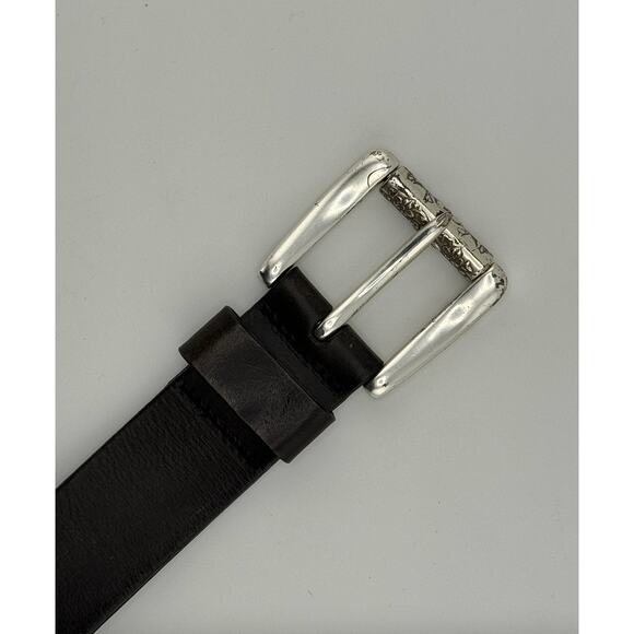 EUC Fossil Mens Genuine Leather Black Medium Belt‎ Silver Buckle w/ Flowers - Picture 3 of 6